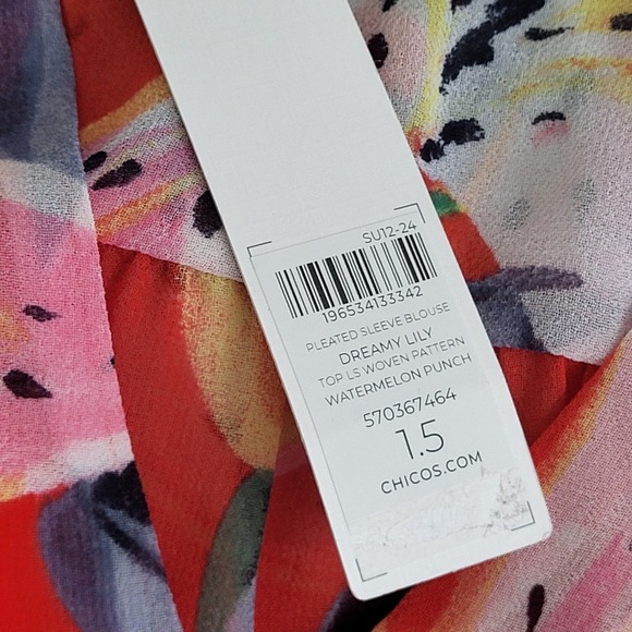 Chicos Pleated Sleeve Blouse Dreamy Lily Floral Watermelon Punch Red Pink 1.5 - Picture 2 of 15